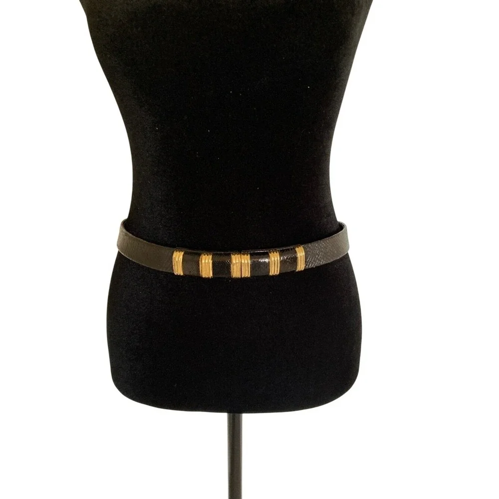 Abigail Womens Black Leather Expandable Belt Gold Accent Buckle Size Large Retro